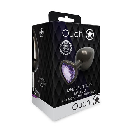 Ouch! Heart Gem Butt Plug Medium Gunmetal/Amethyst-0